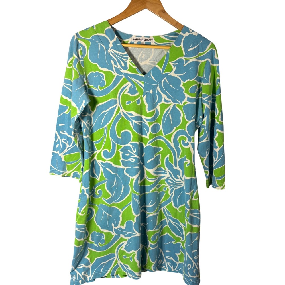 Barbara Gerwit Shift Dress Womens Large Blue Green Floral V-Neck 3/4 Sleeve